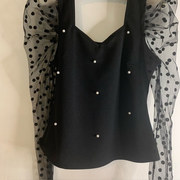 Shein Black Top Embellished Sweater Sheer Polka Dot Puff Long Sleeve Womens Sz L - Picture 3 of 16